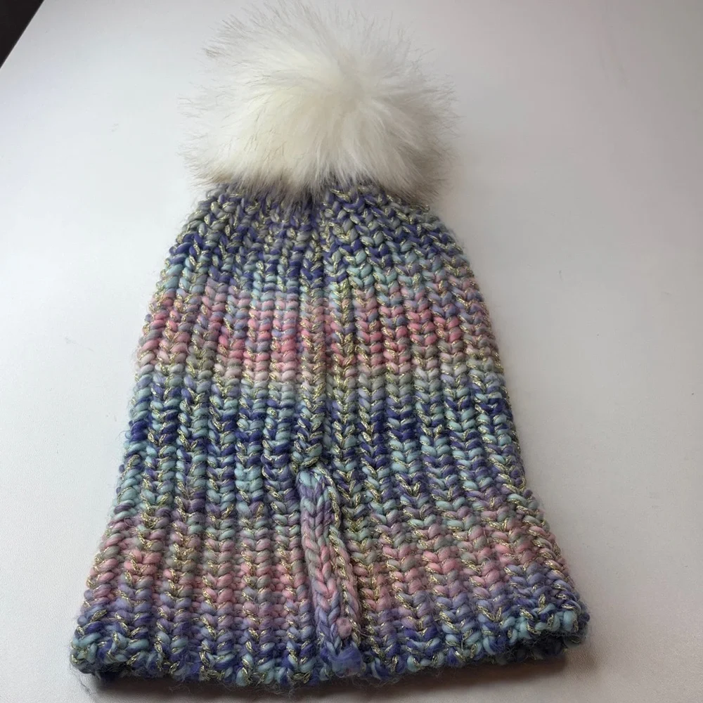 Multicolor Knit Beanie with Pom Pom